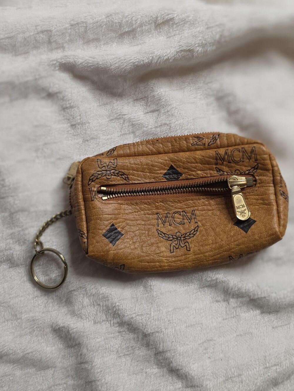 MCM Visetos Mini Coin Pouch Bag Charm Key Holder - Cognac Leather
